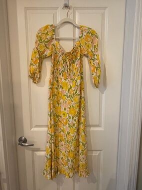 Faithfull the Brand Yellow Floral Midi Dress with Puff Sleeves NWT